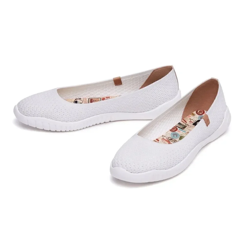 UIN Women's Ballet Slip On Casual Comfort Shoes (Pure White Knitted Menorca III)